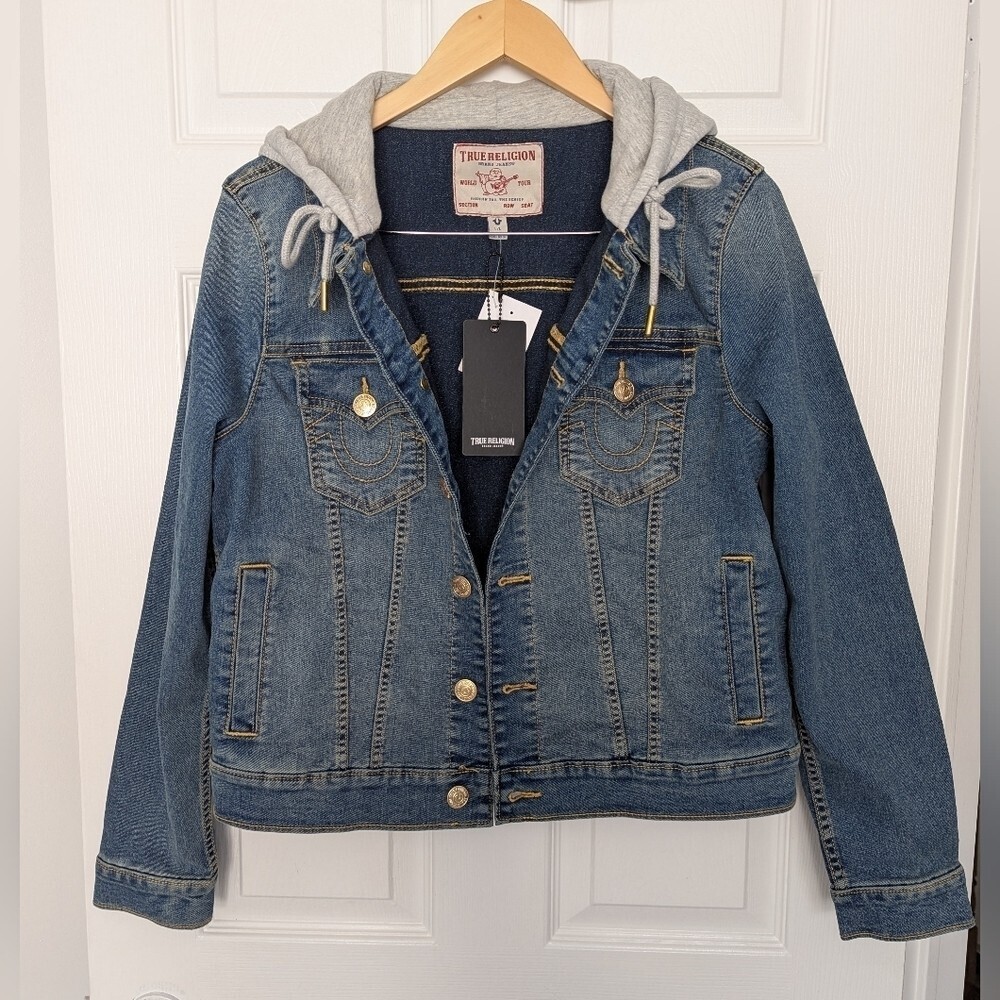 BNWT True Religion UNISEX Adult (Large) Relaxed Denim Trucker Hooded Jean Jacket